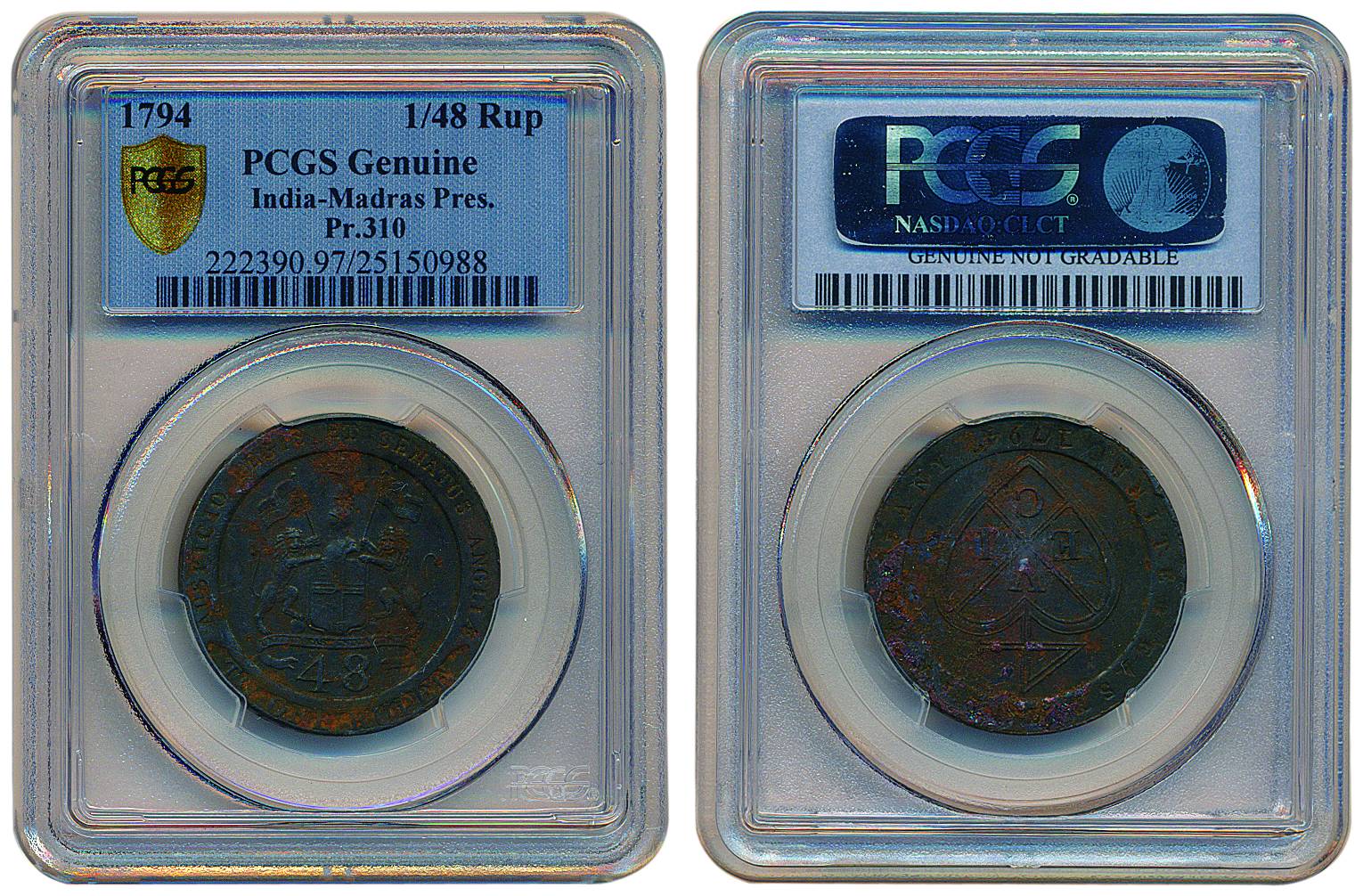 Copper, 1/48 Rupee, 1794, inscribed edge, inverted axis, Soho mint, arms on obv, bale mark