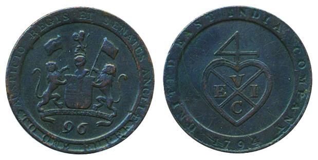 Copper, 1/96 Rupee, 1794, inscribed edge, inverted axis, Soho mint, arms on obv, bale mark