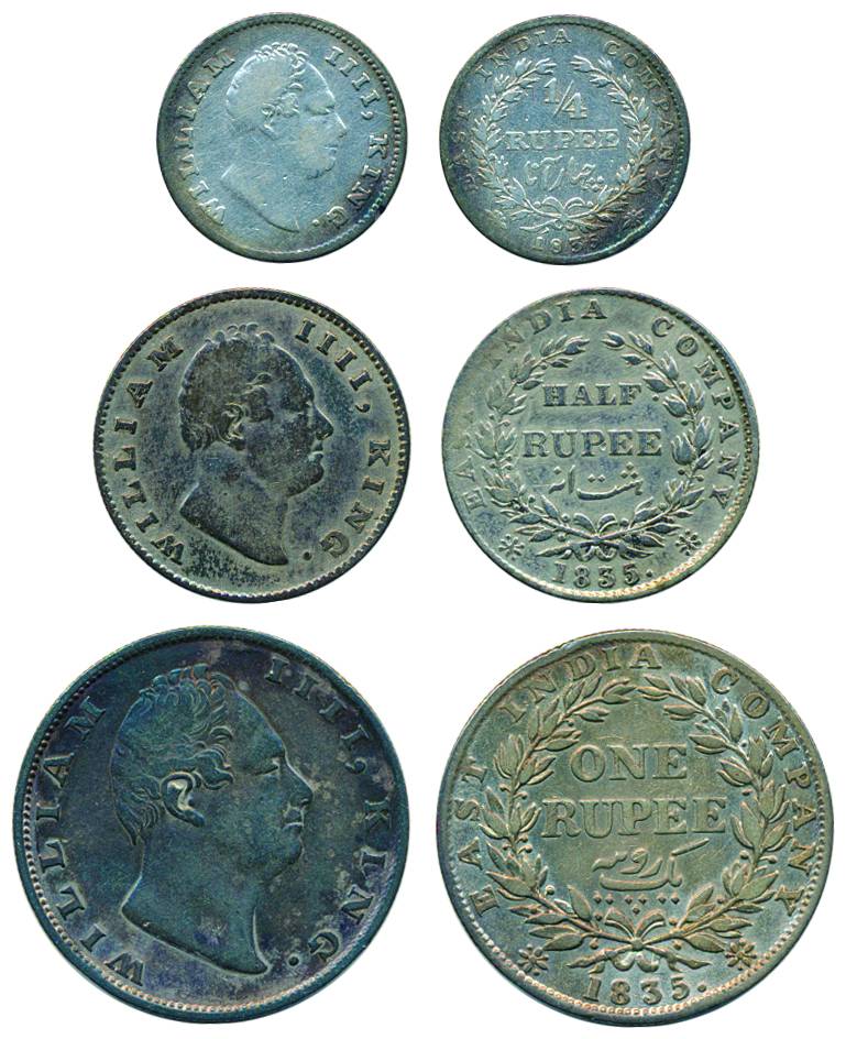 William IV, Silver (3), Set of 3: Rupee, F incused;½ Rupee, F incused, and ¼ Rupee, RS inc