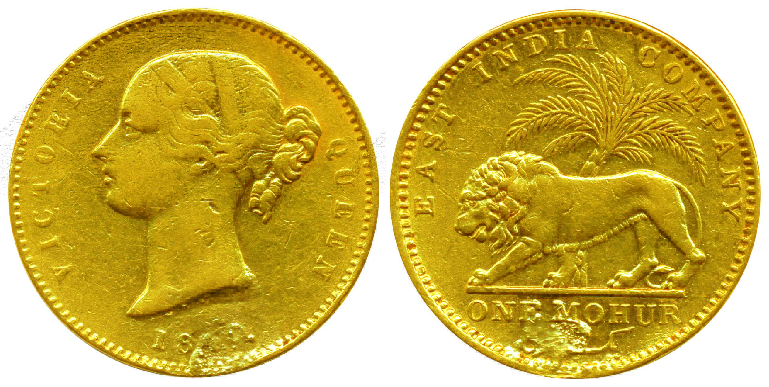 Victoria Queen, Gold, 11.45 g, Khajur Mohur, 18xx, portrait of the Queen to left on obv, L