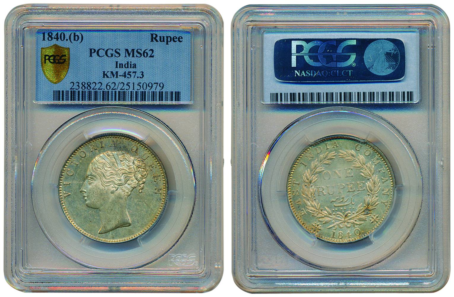 Victoria Queen, Silver, Rupee, Continous Legend, 1840, Bombay mint (KM 457.3). Graded and 
