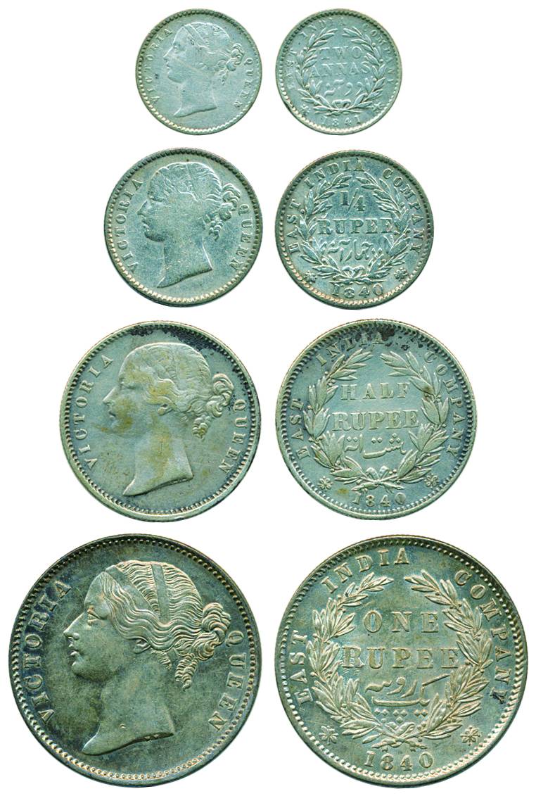 Victoria Queen, Silver (4), Set of 4: Rupee, ½ and ¼ Rupee and 2 Annas, 1840, 1840, 1840 a