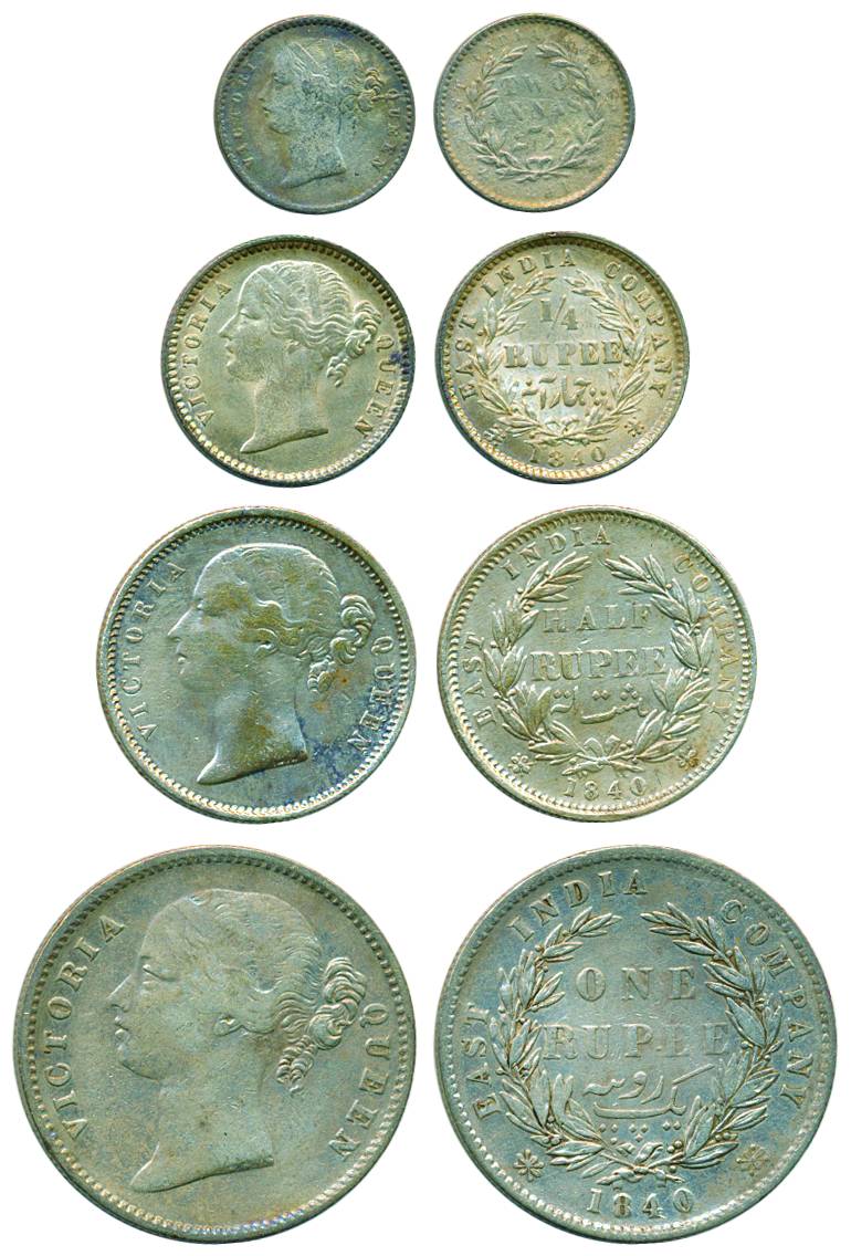 Victoria Queen, Silver (4), Set of 4: Rupee, ½ and ¼ Rupee and 2 Annas, 1840, 1840, 1840 a
