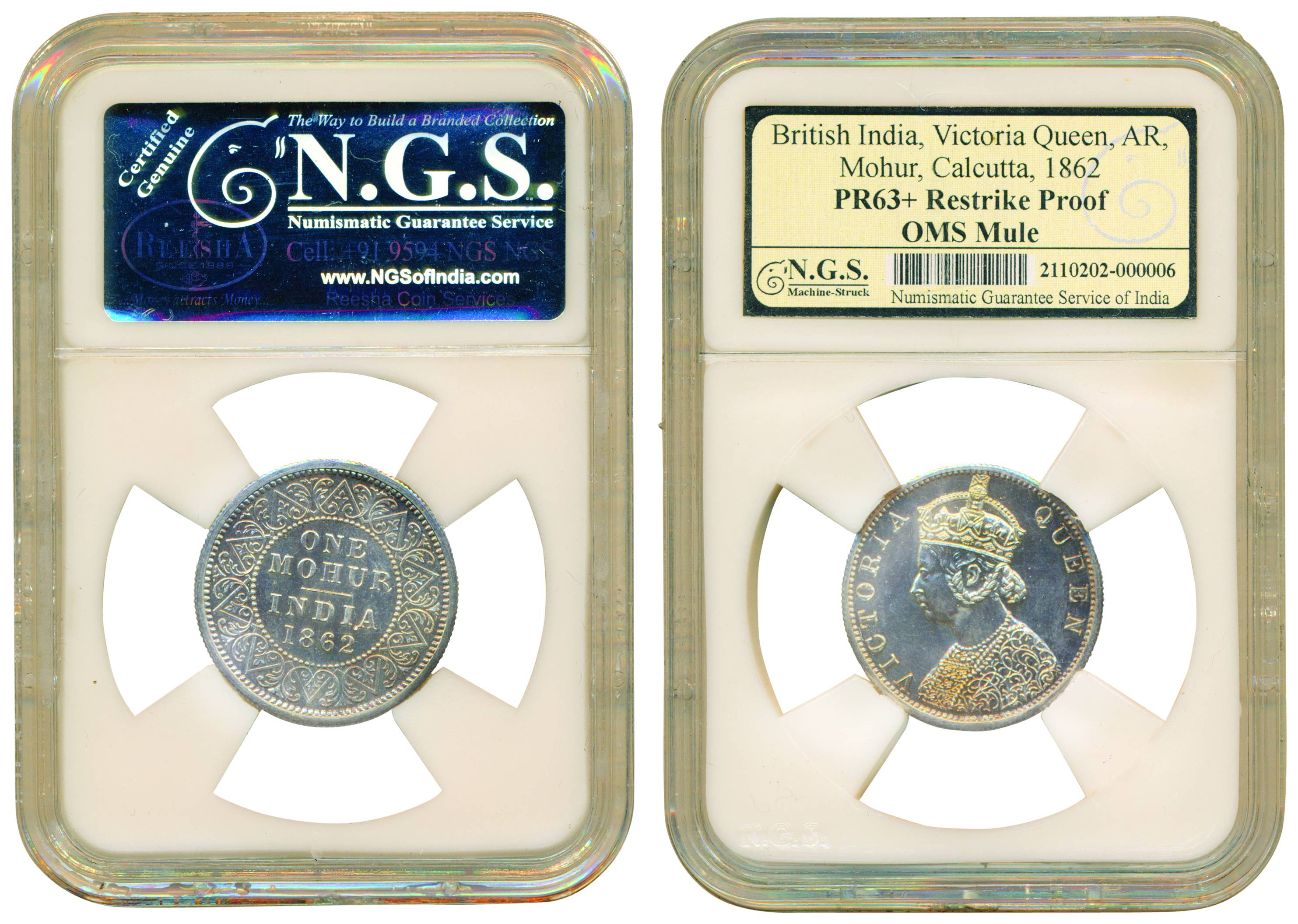 Victoria Queen, Silver, Mohur Proof Restrike, Calcutta mint, 1862, Graded and slabbed by N