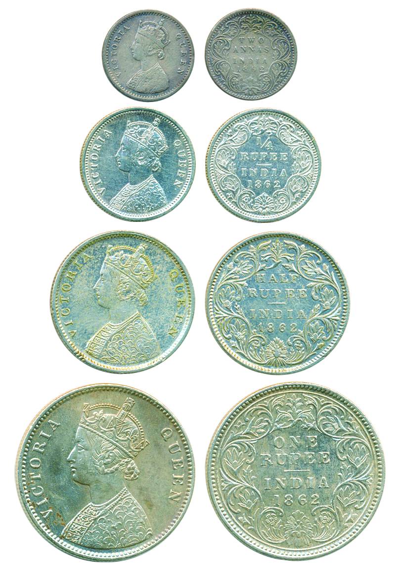 Victoria Queen, Silver (4), Set of 4: Rupee, ½ and ¼ Rupee and 2 Annas, 1862. Very Fine+ t