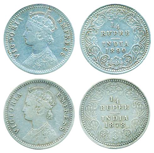 Victoria Empress, Silver (2), ¼ Rupee, 1878 and 1890 Calcutta mint.Very Fine to About Extr