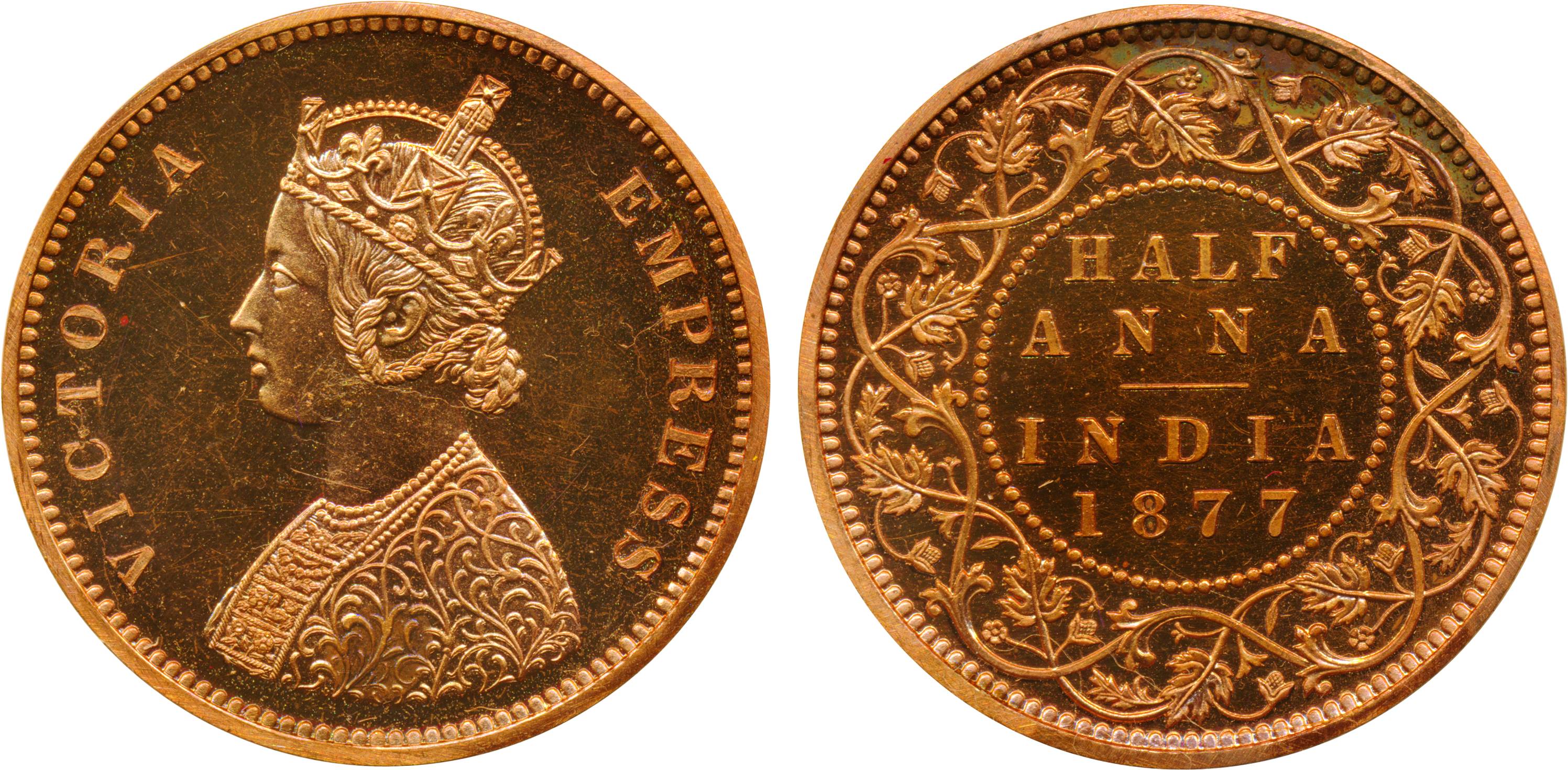 Victoria Empress, Copper, ½ Anna Proof, 1877.In original paper envelop of the mint. Restri