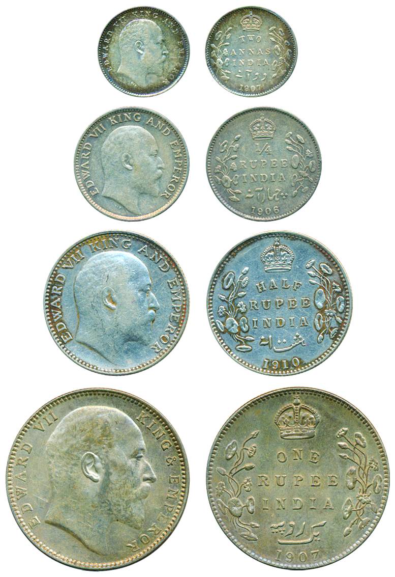 Edward VII, Silver (4), Set of 4: Rupee, ½ and ¼ Rupee and 2 Annas, 1907, 1910, 1906 and 1