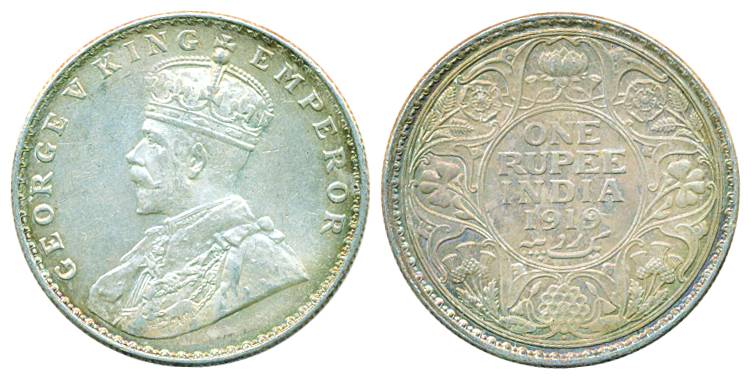 George V, Silver, Rupee, 1919, Bombay mint, Dot mark, the unit figure of 9 of 1919 is reen