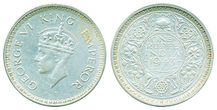 George VI, Silver, Rupee, 1943, Large 3 type, Bombay mint, Dot mint mark.About Extremely F