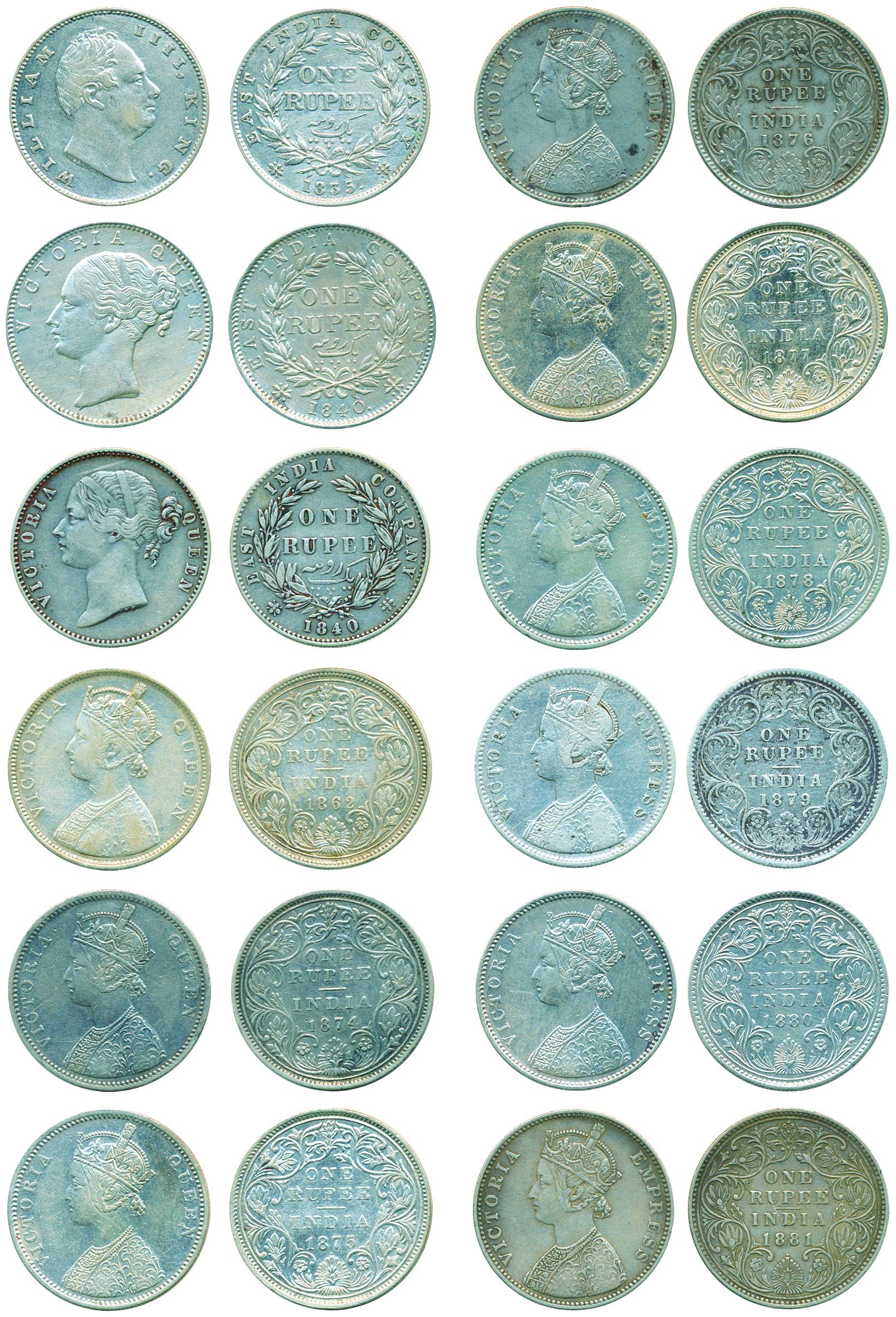 Set of 55 British India Rupees: Silver, William IV, 1835 to George Vi, 1947, except 1897 a