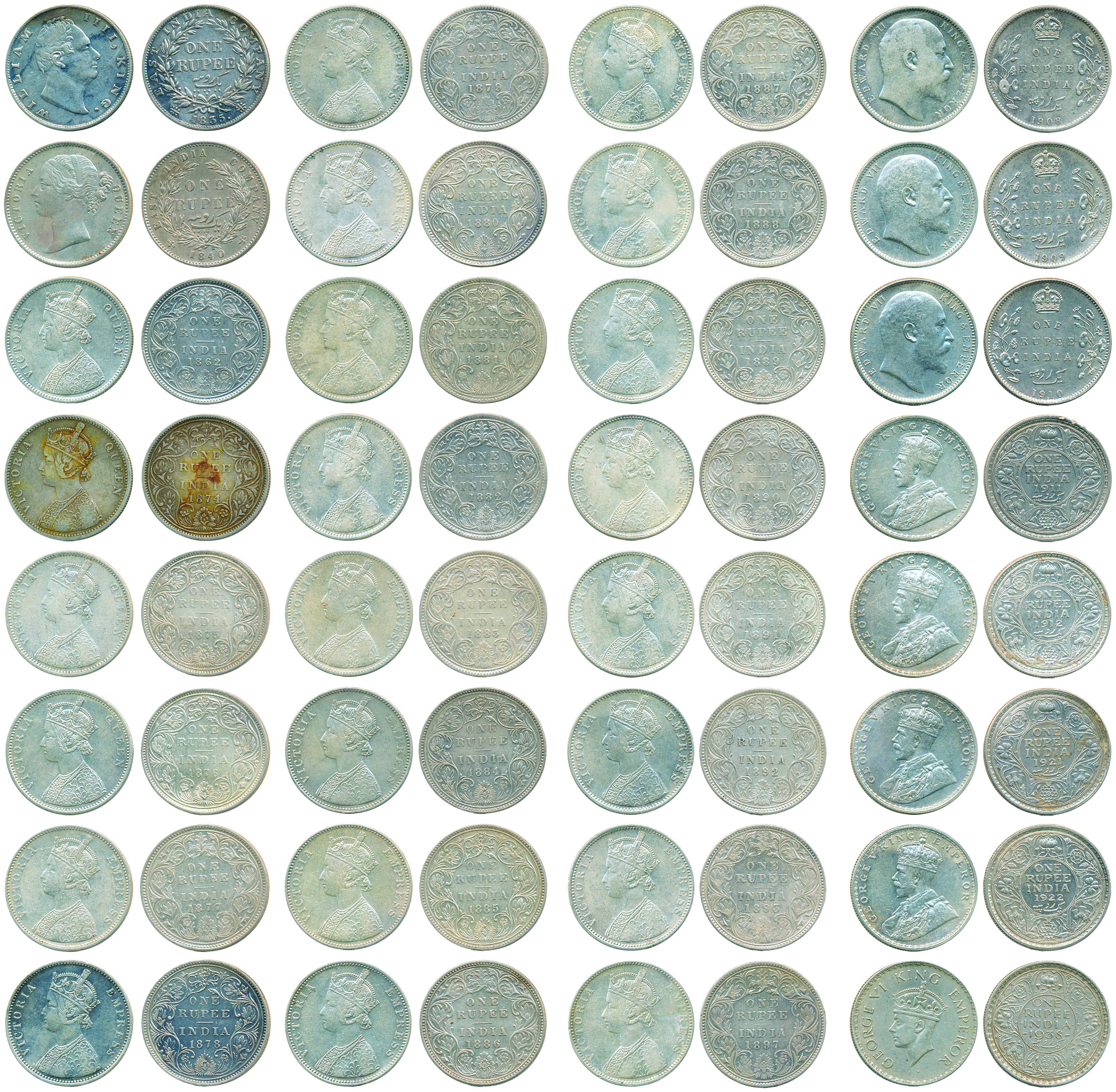 Set of 55 British India Rupees: Silver, William IV, 1835 to George Vi, 1947, except only 1