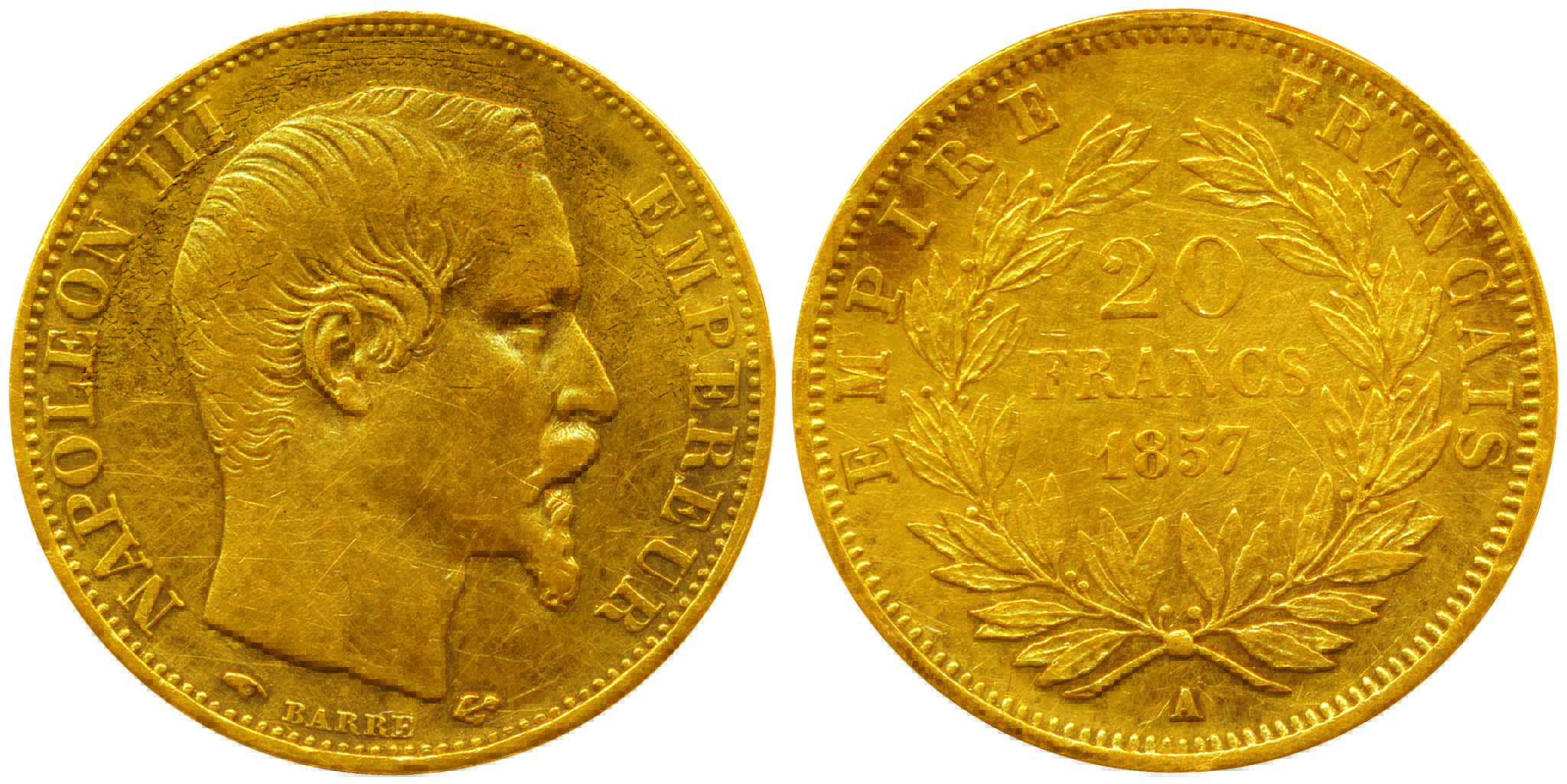 France, Napoleon III, Gold, 6.34 g, 20 Francs, Paris Mint, A mint mark.Very Fine+.