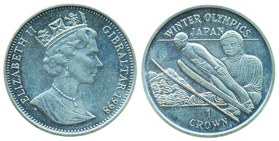 Gibraltar, Elizabeth II, Cupro-Nickel 1 Crown, 1998, Buddha-Winter Olympics Tokyo-Japan co