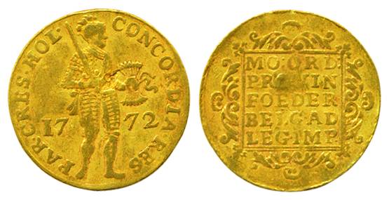Holand, Gold, 3.44 g, a warrior to right holding a spear and arms with legend around on ob
