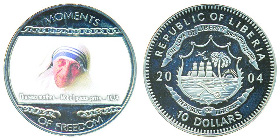 Liberia, Cupro-Nickel, 10 Dollars, 2004, Moments of Freedom Series, with the coloured phot