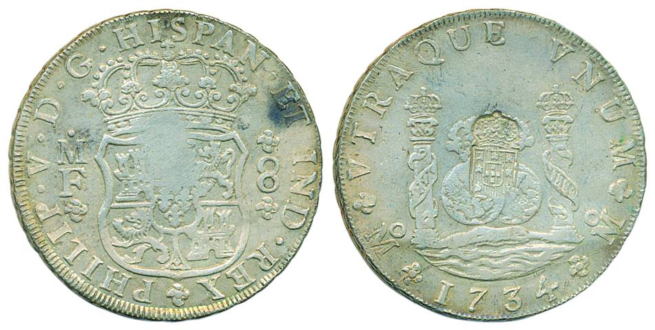 Mexico, Philips V, Silver, 8 Reals, 1734, Arms on obv, date and arms on rev, with a centra