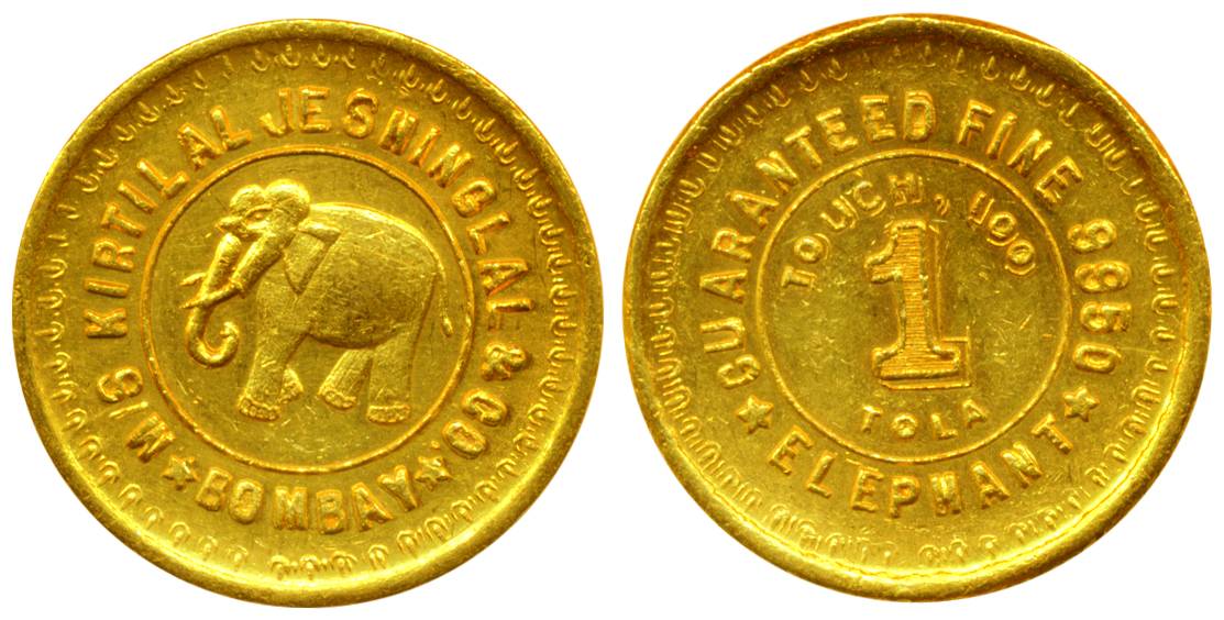 Old 1 Tola Token, Gold, 11.73 g, Kirtilal Jeshinglal & Co., Bombay, 9950 Fine, Elephant ty