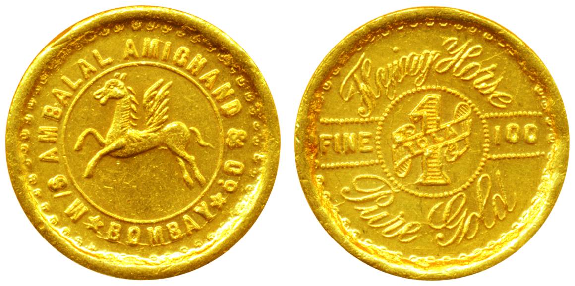 Old 1 Tola Token, Gold, 11.71 g, Ambalal Amichand & Co., Bombay, Fine 100, Flying Horse ty
