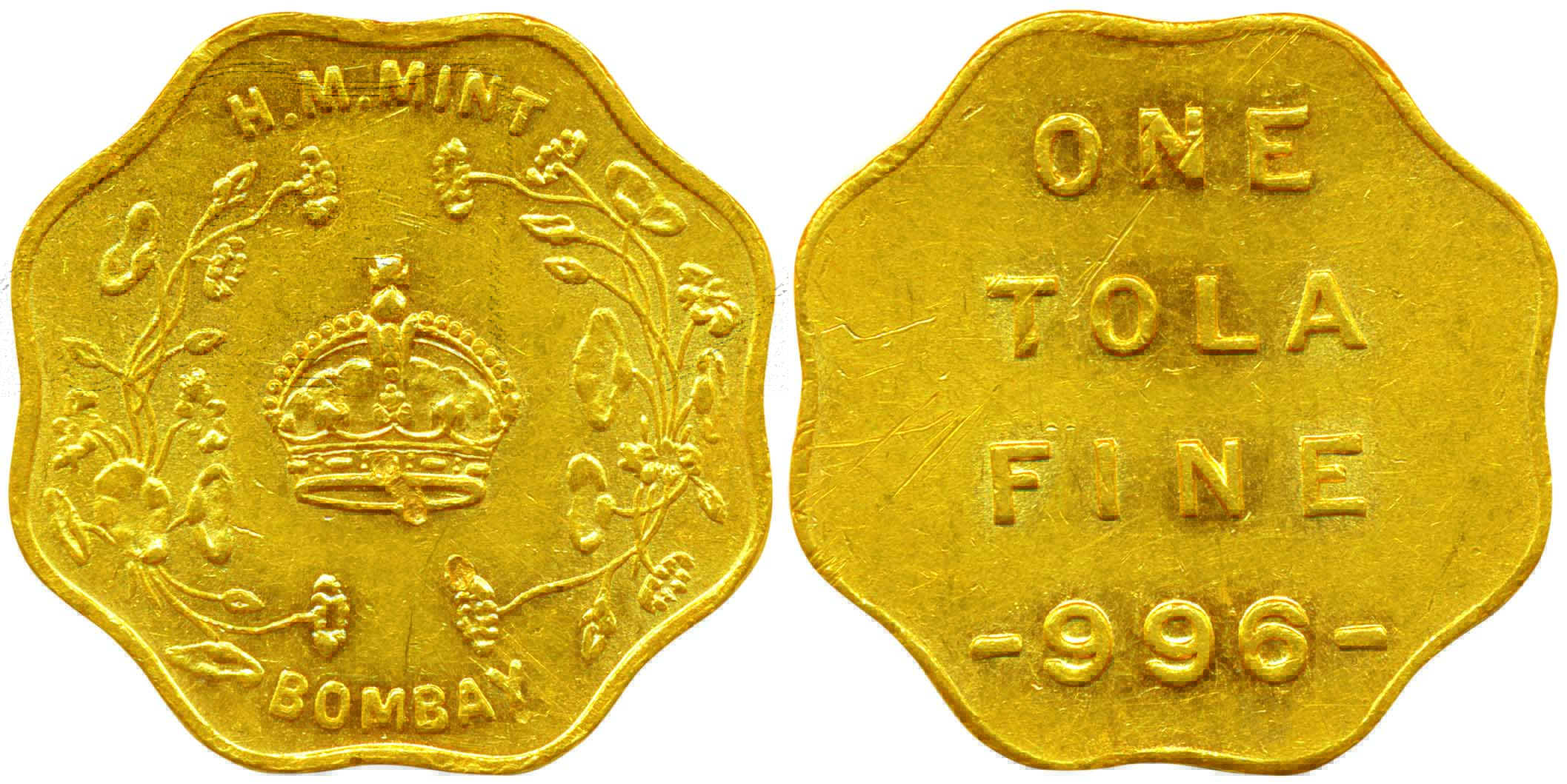 Tola Gold Mint Token, 11.70 g, a crown within a wreath and H. M. MINT / Bombay on obv, ONE