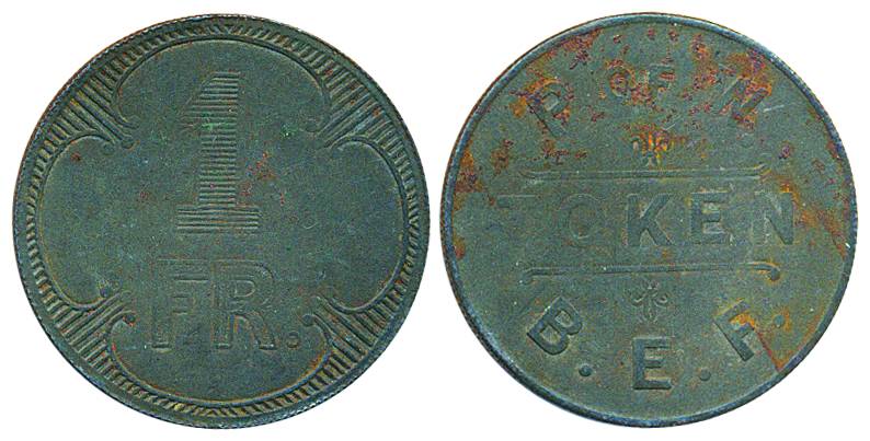 Prisoner of War Token, of 1st World War,Tin, 1 Frank, issued by the British Expedition For