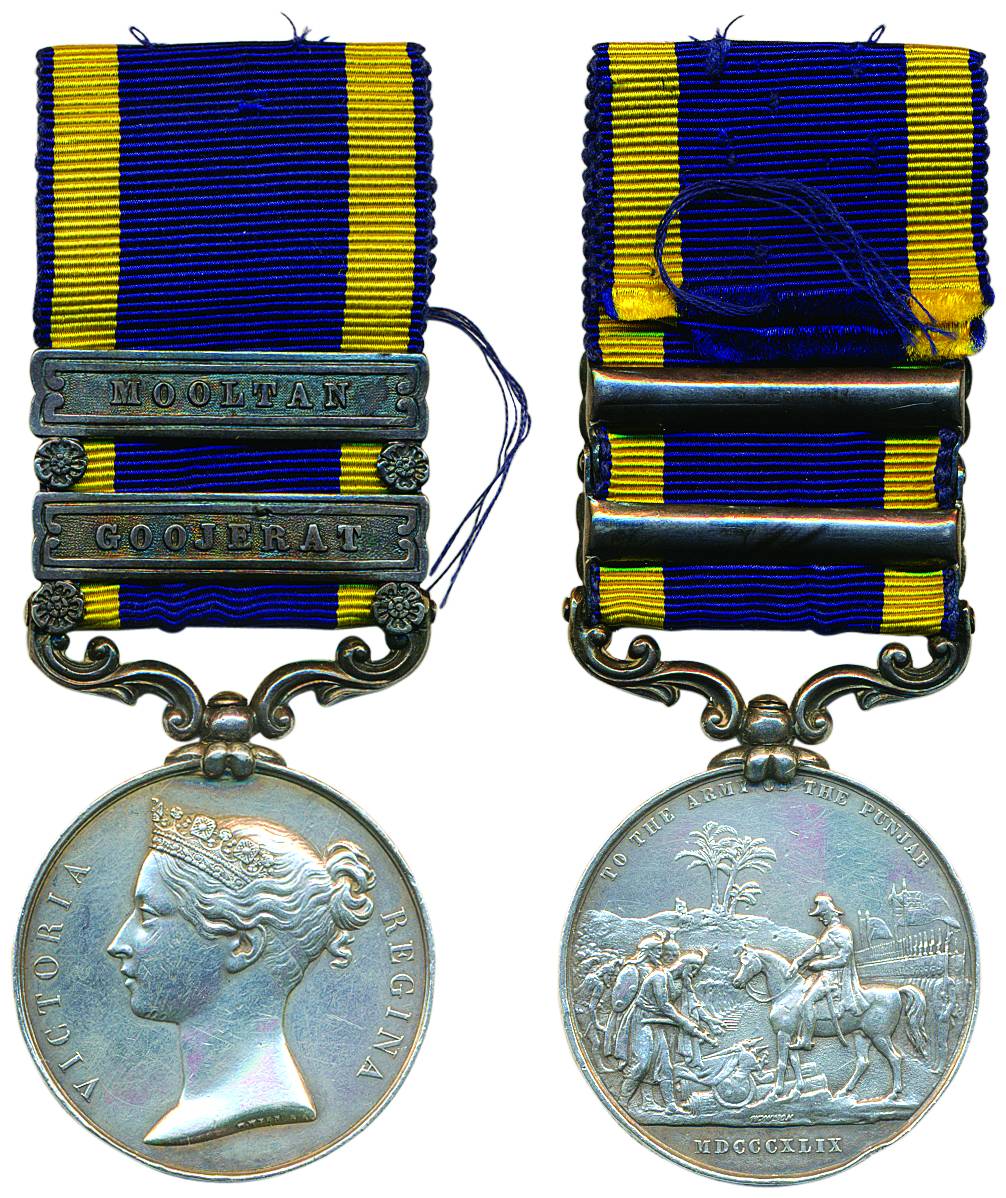 East India Company-Punjab Medal-Silver-2 classps-Goojerat and Multan .Awarded to EBER BRID