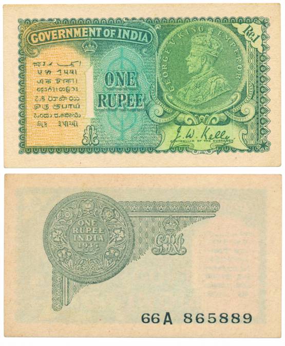 George V, 1 Rupee, Type 2, 2nd issue, Sign by J W Kelly, Prefix 66A, dated 1935, issued in