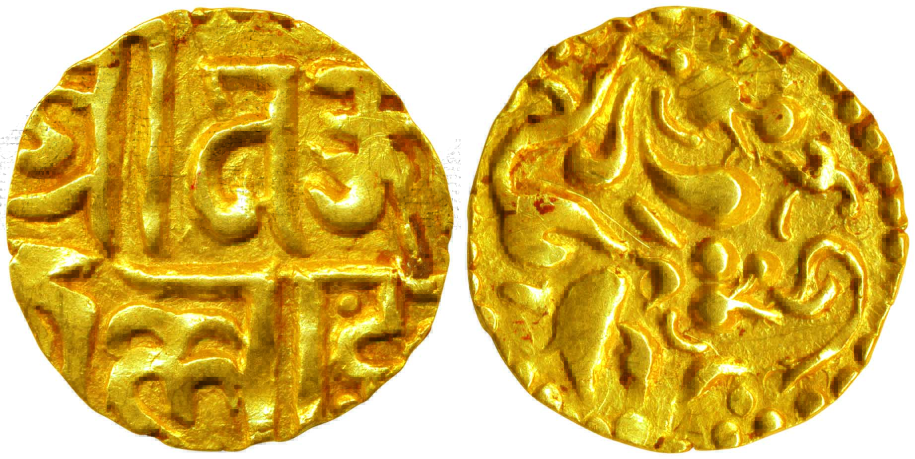Kalachuris of Ratnapura, Jajjaladeva, Gold, 3.70 g, Dinar, a tiger mounted on an elephant 