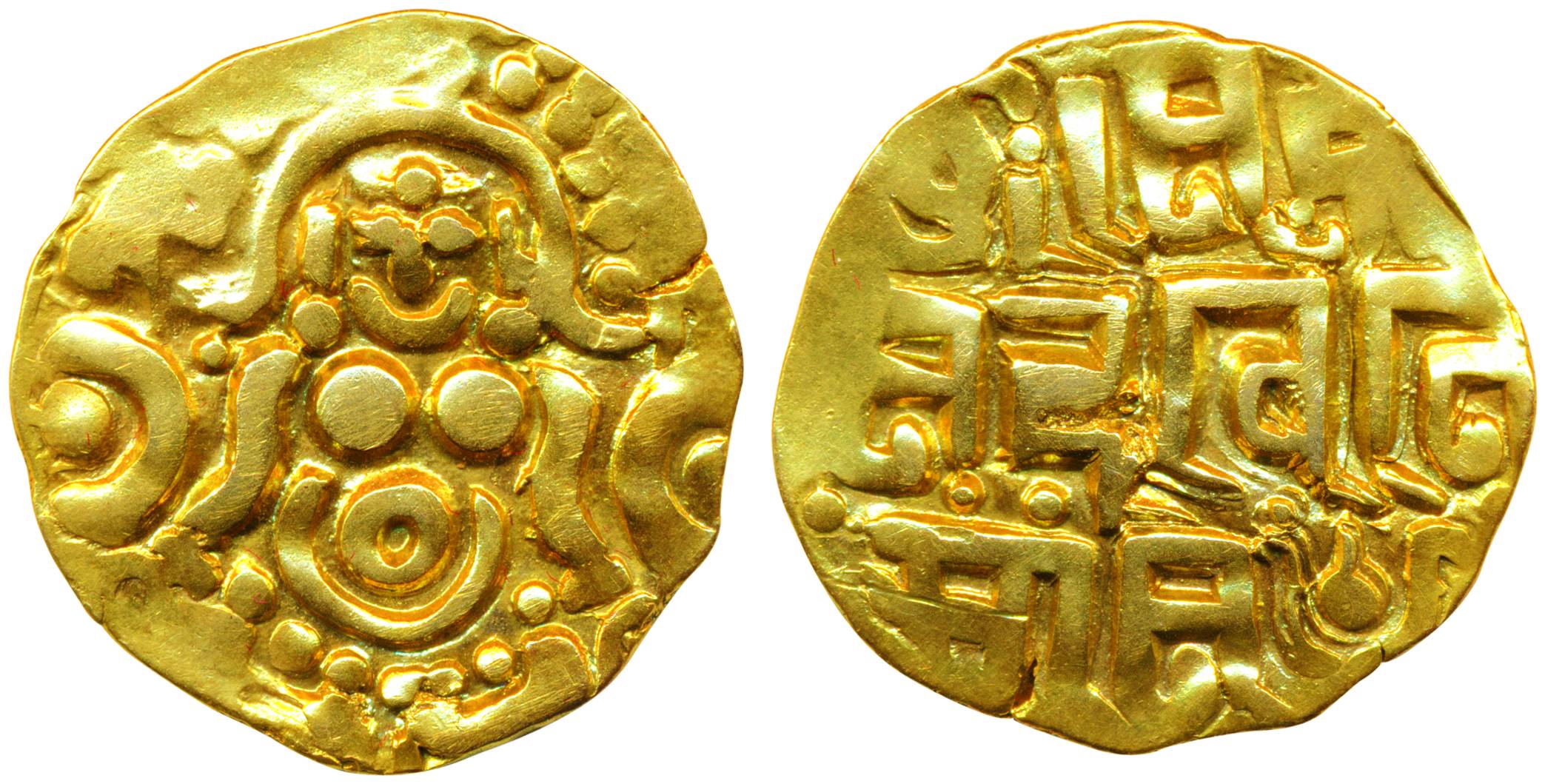 Muhammad bin Sam, Gold, 4.36 g, Dinar, Lakshmi type, Goddess Lakshmi seated on obv., Nagar