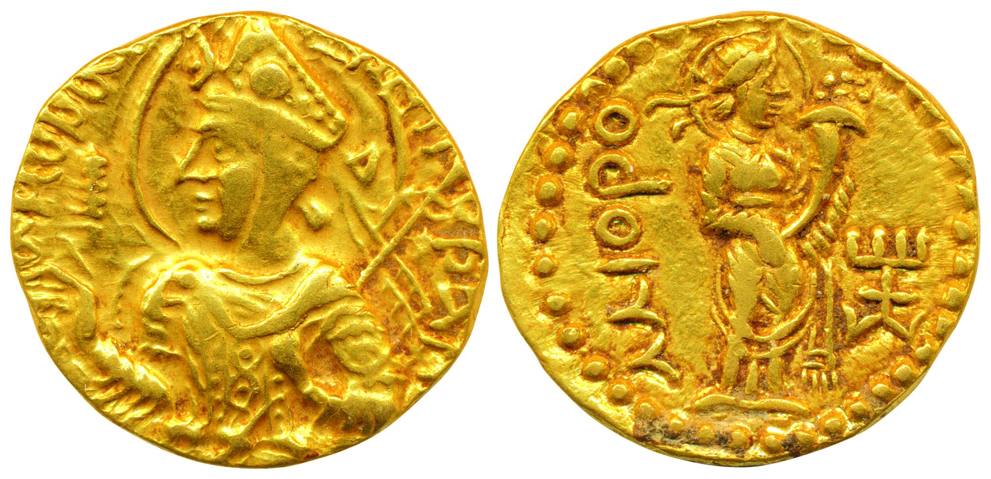 Kushanas, Huvishka, Gold, 7.9 g, Dinar, king seated to right holding a royal mace in right