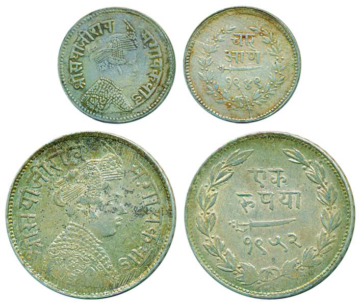 Sayaji Rao III, Silver (2), Rupee, VS 1952, Small flan type; 4 Annas, VS 1949, Broad flan 