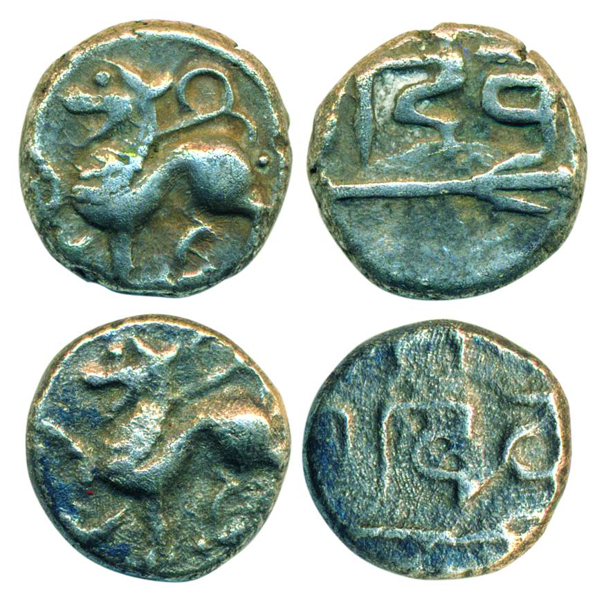 Yadavas of Devagiri, 10th century AD, Silver (4), lion to left (2), and lion to right (2),
