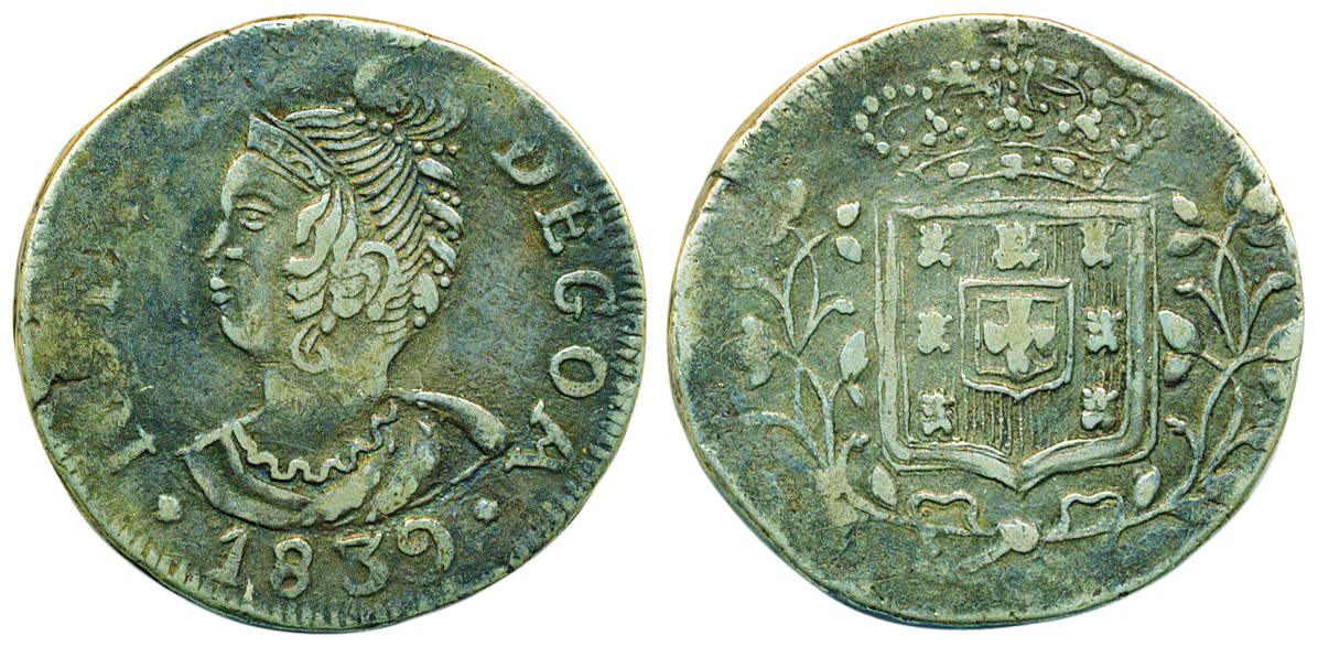 Goa, Maria II, Silver, Rupia, 1839, bust of the queen to left and date on obv, crowned arm