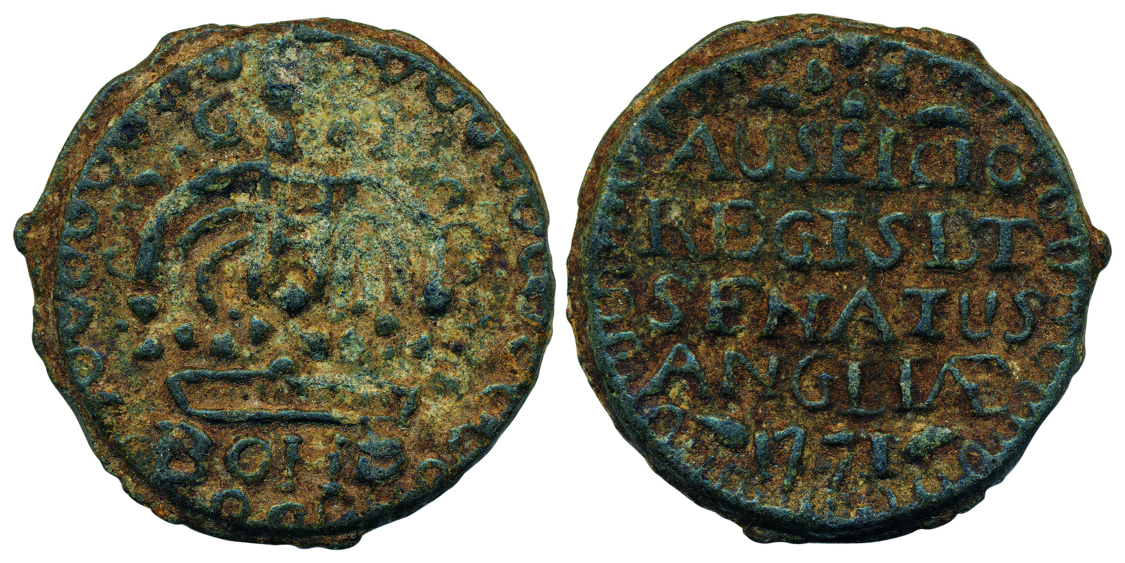 Bombay Tin, Pice, 17.11 g, large crown and BOMB written below on obv., AUSFICIO/REGI SET/S