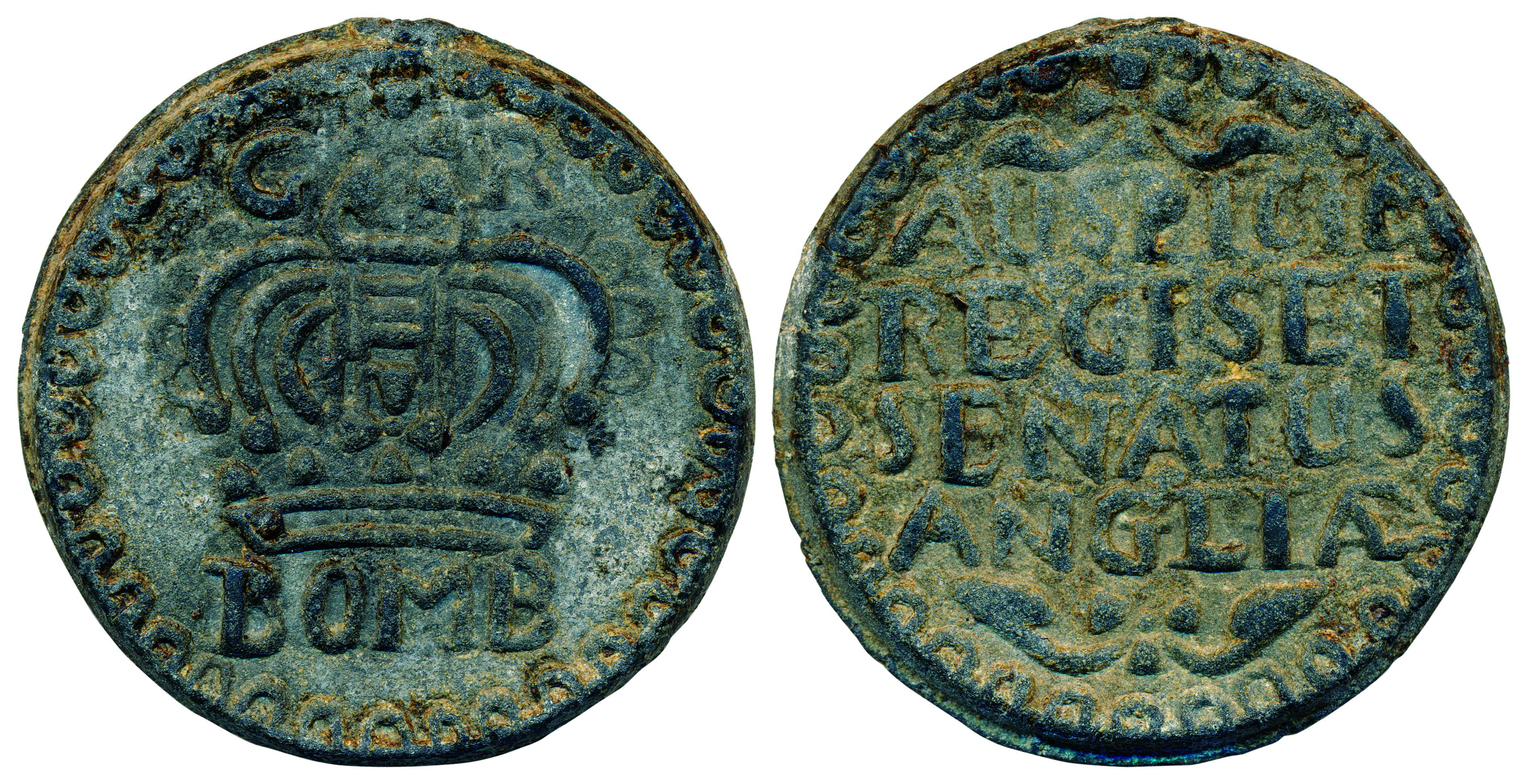 Bombay Tin, Double Pice, 28.42 g, large crown and BOMB written below on obv., AUSFICIO/REG