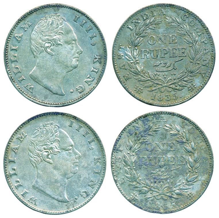 William IV, Silver, Rupee (2), Calcuutta mint, 1835, F incused, 19 berries. Corroded other