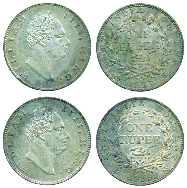 William IV, Silver, Rupee (2), Calcutta mint, 1835, F incused, dot after F, 19 berries. Co