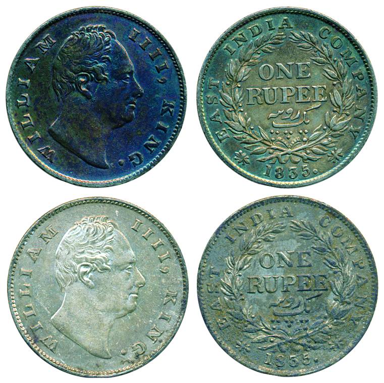 William IV, Silver, Rupee (2), Calcutta mint, 1835, F raised, 19 berries. First coin corro