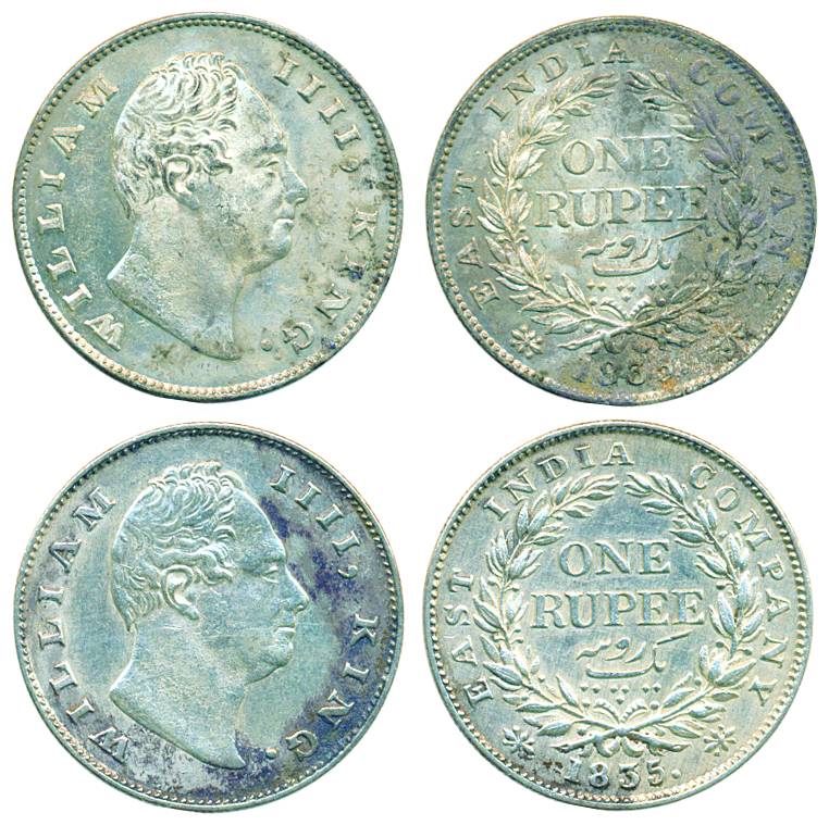 William IV, Silver, Rupee (2), Calcutta mint, 1835, F raised, 19 berries. First coin corro