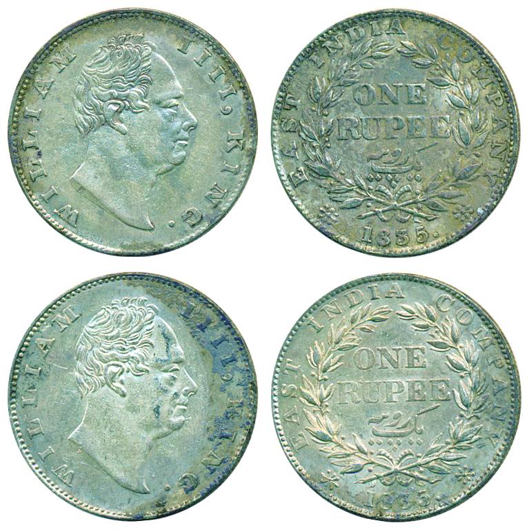 William IV, Silver, Rupee (2), Calcutta mint, 1835, F incused, dot after F, 19 berries. Co