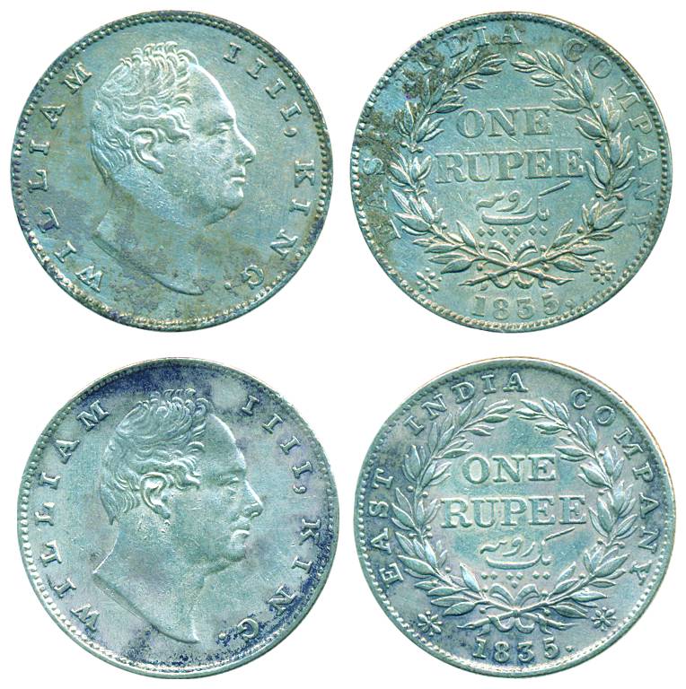 William IV, Silver, Rupee (2), Calcutta mint, 1835, R. S. incused, 20 berries. First coin 