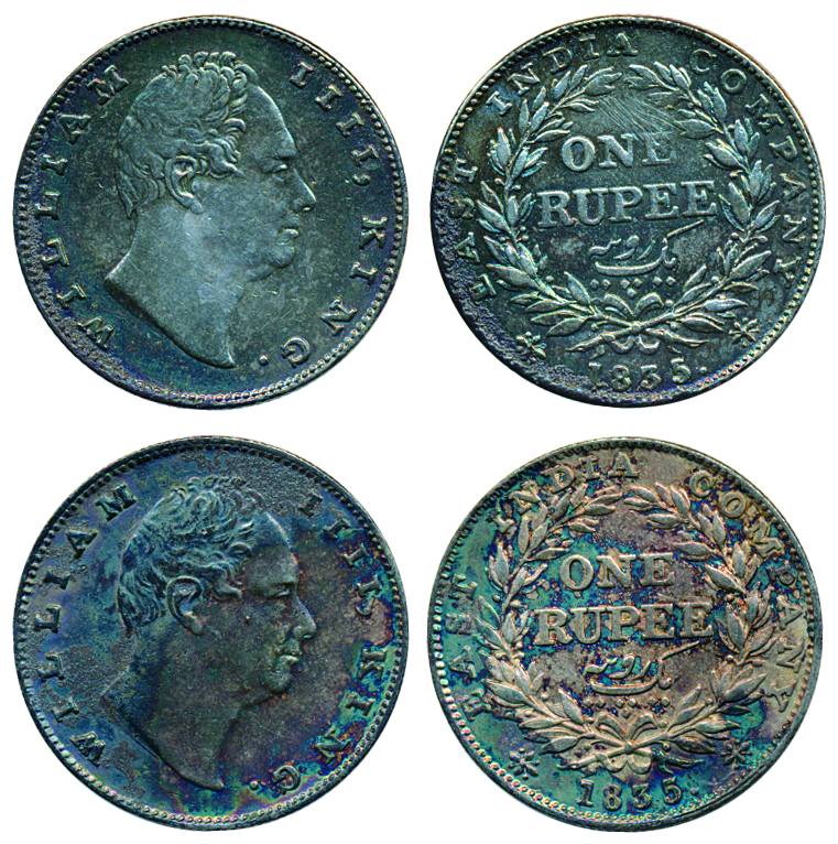 William IV, Silver, Rupee (2), Bombay mint, 1835, no initials, 20 berries. About Very Fine