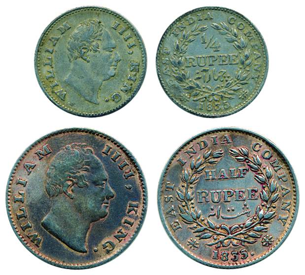 William IV, Silver, 1/2 Rupee and 1/4 Rupee, Calcutta mint, 1835, F incused, 19 berries. V