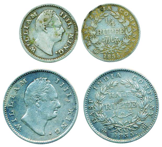 William IV, Silver, 1/2 Rupee and 1/4 Rupee, Calcutta mint, 1835, R.S. incused, 21 berries