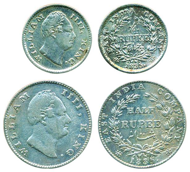 William IV, Silver, 1/2 Rupee and 1/4 Rupee, Calcutta mint, 1835, F incused, 19 berries; a