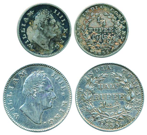 William IV, Silver, 1/2 Rupee and 1/4 Rupee, Calcutta mint, 1835, F incused, 20 berries; a
