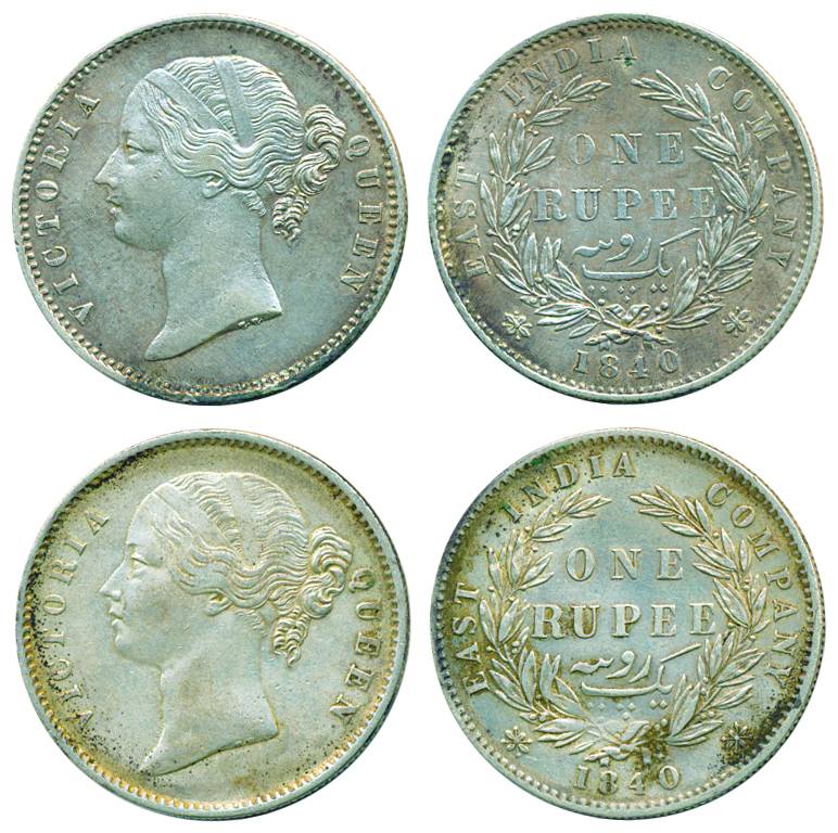 Victoria Queen (DL), Silver, Rupee (2), Calcutta mint, 1840, W.W. raised, 28 berries. Very