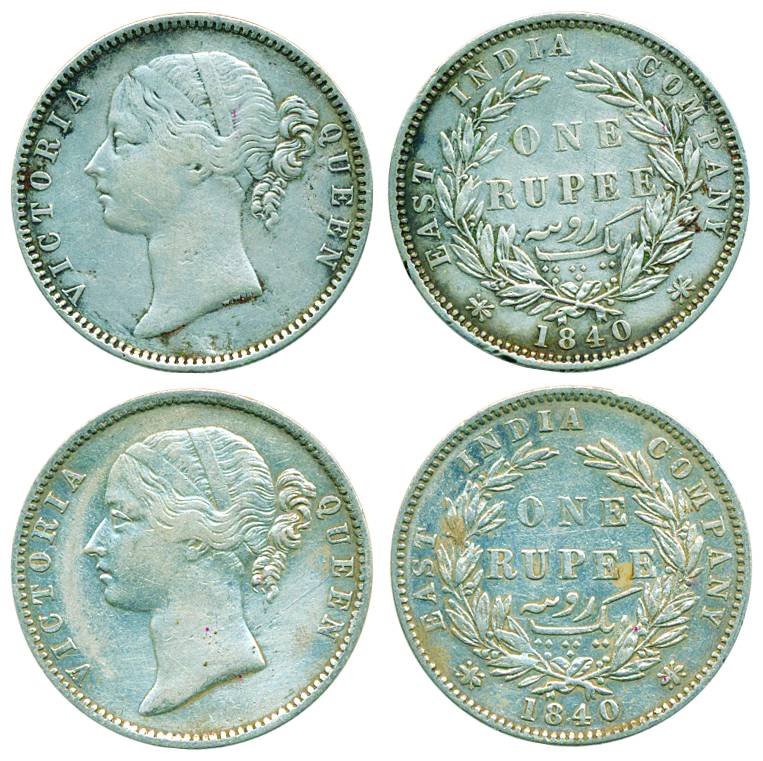 Victoria Queen (DL), Silver, Rupee (2), Madras mint, 1840, W.W. B. raised, 28 berries. Abo