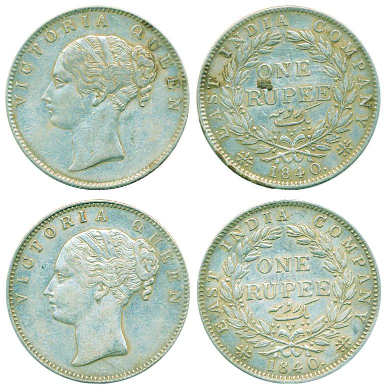 Victoria Queen (CL), Silver, Rupee (2), Calcutta mint, 1840, English Head, Short Neck, 19 