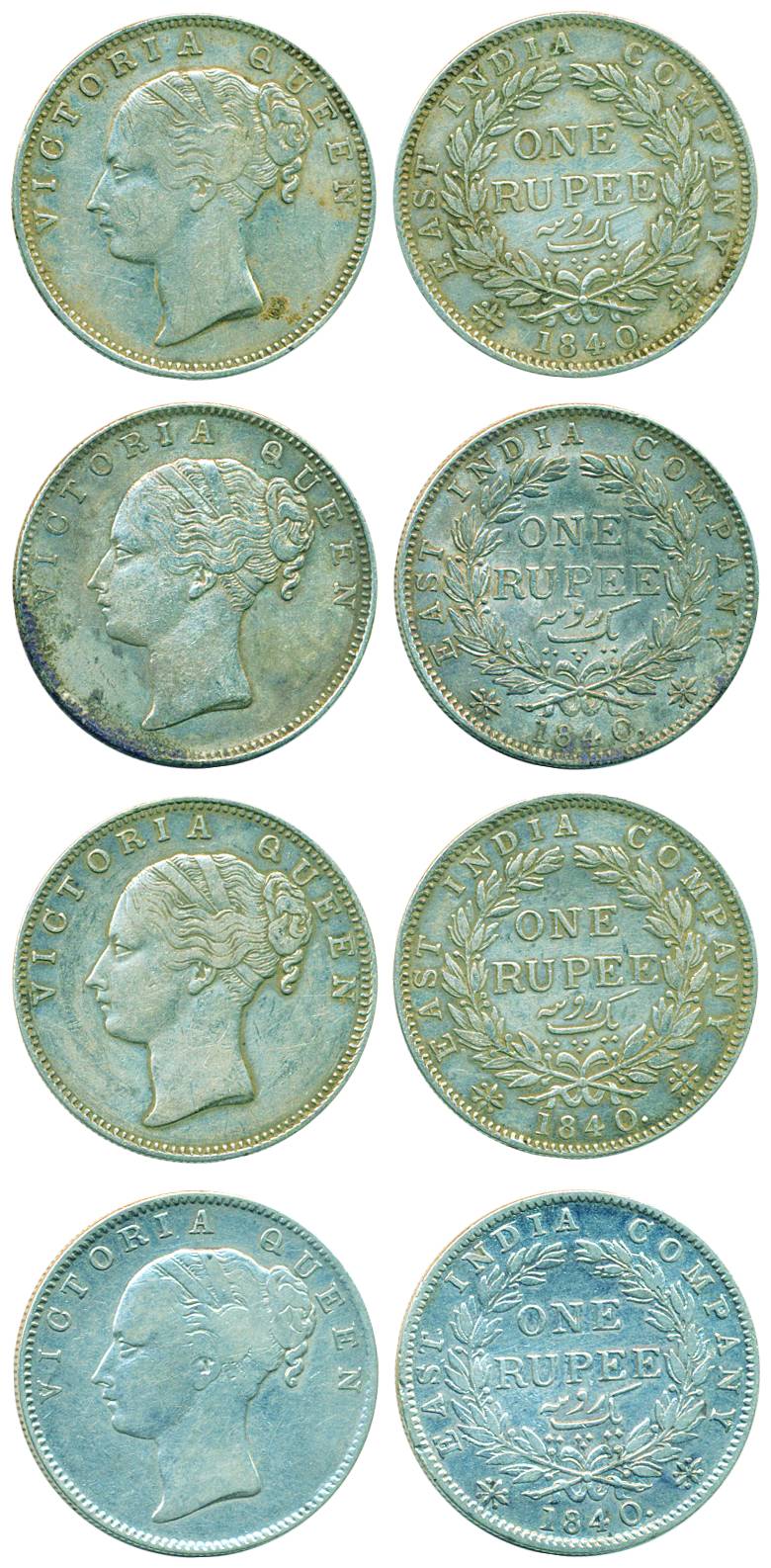 Victoria Queen (CL), Silver, Rupee (4), Calcutta mint, 1840 (2); Bombay mint (2), 1840, al